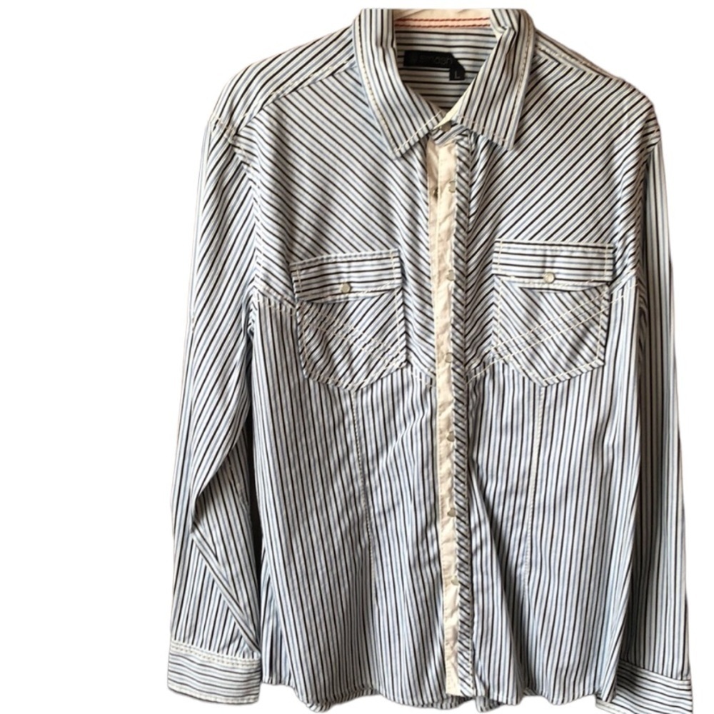 𝅺SMASH Long Sleeve Shirt Size Large Striped Collared Pearl Snaps Pockets
